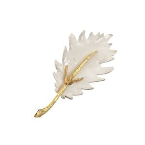 Vintage BSK White Enamel Gold Tone Leaf Brooch Pin Mid Century Botanical Jewelry